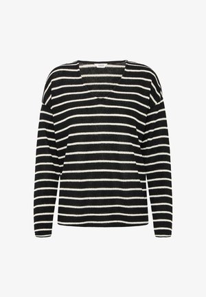 Suéter de manga larga a rayas blancas y negras con cuello en V y corte holgado. Tejido texturizado con rayas horizontales en contraste.