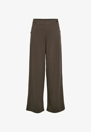 Pantaloni a gamba larga in tessuto marrone scuro, con una texture liscia, vita alta e bottoni decorativi metallici sui lati anteriori.