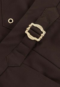 Un material textil de culoare maro cu o textură fină este decorat cu o cataramă aurie și accesorii hardware în formă de diamante, subliniind detaliile de design și de prindere.