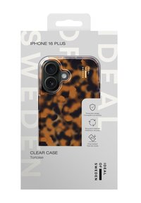 Clear iPhone 16 Plus case with tortoise pattern, transparent edges, and dual camera cutouts. Includes protective design and recycled materials.