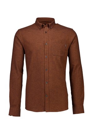 Chemise marron à boutons en tissu texturé. Comprend une poche poitrine et des boutons noirs. Manches longues avec poignets boutonnés.