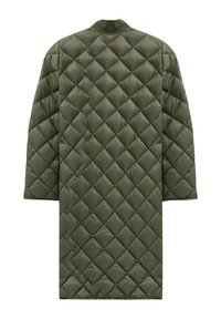 Quilted olivgrüner Puffer-Mantel mit lässigem Schnitt, der ein Rautenmuster, einen runden Ausschnitt und keine sichtbaren Verschlüsse oder Taschen aufweist.