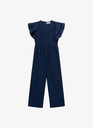 Marineblauwe jumpsuit met vlindermouwen, elastische taille en bloembroderie op het lijfje. Brede, recht gesneden broekspijpen.
