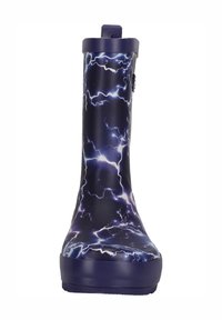 Blauwe regenlaars met een bliksemflitspatroon, gemaakt van rubber, met een gladde textuur en een lus aan de bovenkant voor eenvoudig aan- en uittrekken.