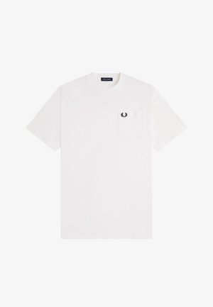 Weißes T-Shirt mit kurzen Ärmeln und Rundhalsausschnitt, mit einer Brusttasche, die ein kleines schwarzes Lorbeerkranz-Logo zeigt.