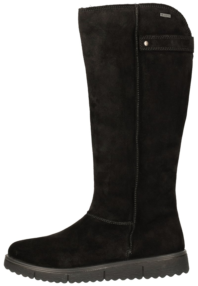 Botas de ante negras hasta la rodilla con punta redondeada, costuras visibles y suela de goma texturizada. Cuenta con un cierre lateral y un acento de hardware de marca.