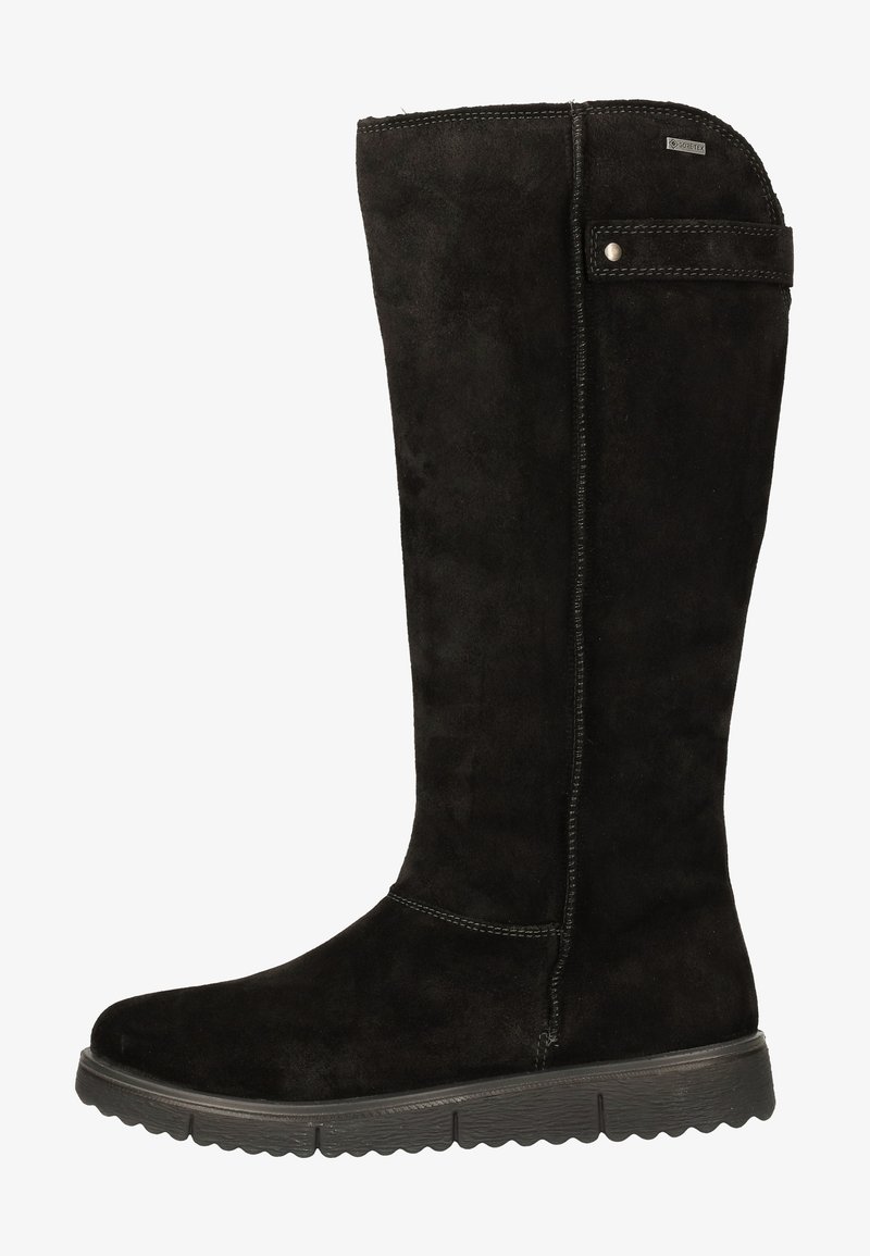 Kozačky z černého semiše do výšky po kolena s kulatou špičkou, viditelným švem a texturovanou gumovou podrážkou. Mají boční zip a značkové kovové detaily.