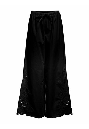 Pantalon noir à jambes larges avec taille élastique et cordon, présentant des détails complexes en dentelle près de l'ourlet.