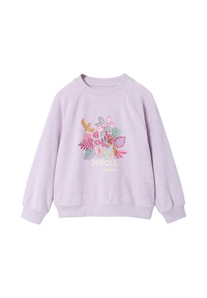 Lavendelfarbener Pullover mit gerippten Bündchen und Kragen, verziert mit bunten, gestickten Dschungelblättern, Vögeln und dem Text "Jungle dreams" auf der Vorderseite.