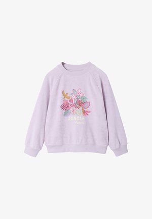 Lavender sweatshirt with ribbed cuffs and collar, featuring colorful embroidered jungle leaves, birds, and the text "Jungle dreams" on front.