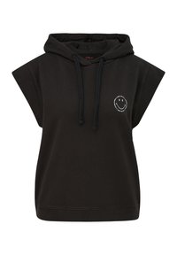 Czarny hoodie z kapturem i krótkimi rękawami, z okrągłym graficznym uśmiechem na klatce piersiowej, wykonany z miękkiego materiału o luźnym kroju.