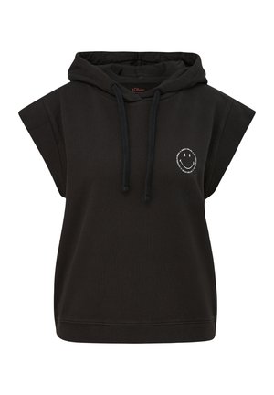 Zwarte hoodie met korte mouwen, beschikt over een cirkelvormige smiley graphic op de borst, gemaakt van zachte stof met een relaxte pasvorm.