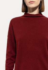 Frau, die einen burgunderfarbenen, langärmeligen Strickpullover mit lockerer Rollkragen trägt. Ihre Lippen, ihr Hals und ihre goldenen Creolen sind sichtbar.