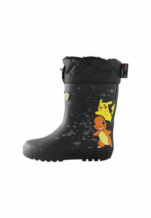 Zwarte rubberen regenlaarzen met geprinte Pokémon-personages, Pikachu en Charmander, een geweven zwarte stof bovenkant en een gestructureerde zool.