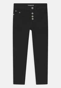 Jeans negros de denim de algodón, con un diseño de cintura alta, cierre de cinco botones y un sutil detalle del logo en el bolsillo frontal.