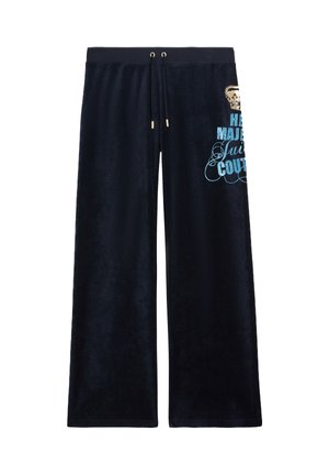 Dunkelblaue Samt-Sweatpants mit einem Kordelzugbund und goldenen Beschlägen. Mit blauem Drucktext und einer Kronen-Grafik am linken Bein.