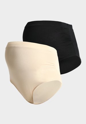 Dos braguitas de ropa interior premamá, una beige y una negra, diseñadas para adaptarse a la barriga de embarazo con tejido elástico.