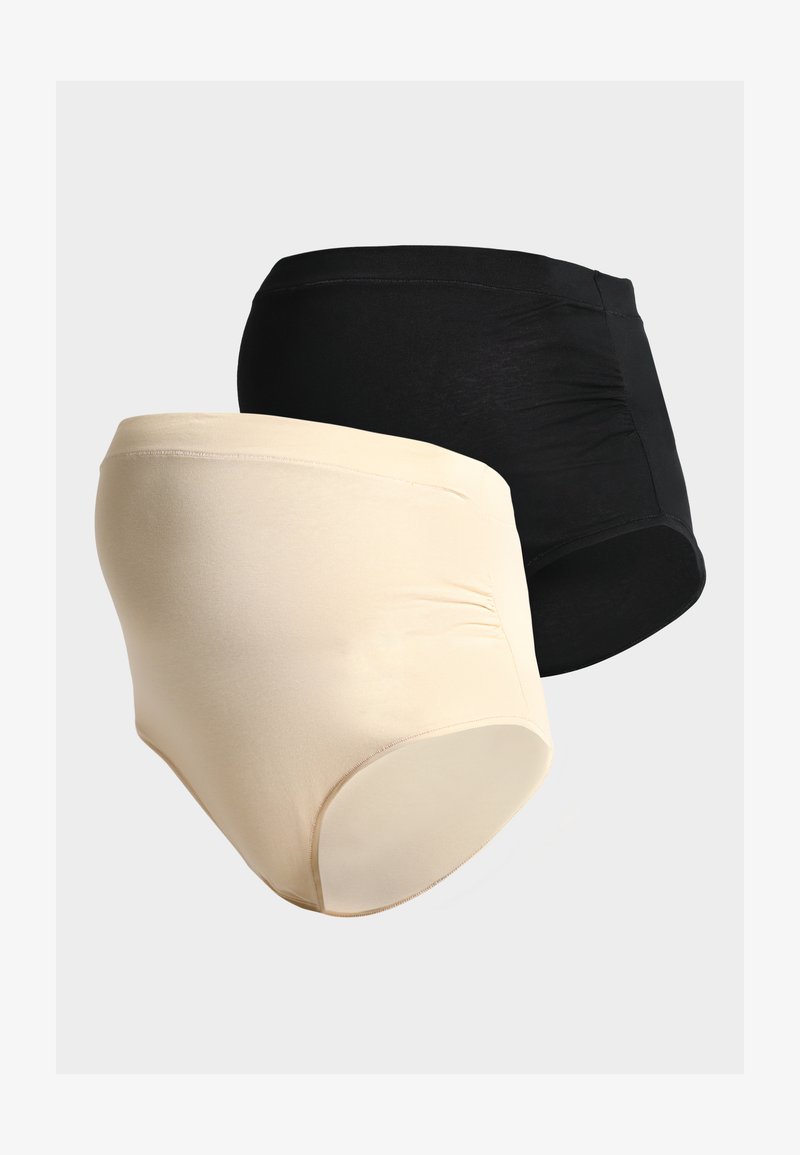Deux culottes de maternité, une beige et une noire, conçues pour accueillir un ventre de grossesse avec un tissu extensible.
