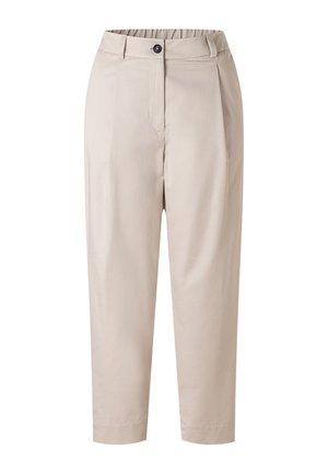 Beige high-waist broek met knoop- en ritssluiting, steekzakken aan de voorkant en een taps toelopend broekspijp ontwerp.