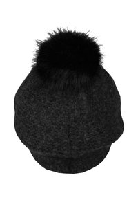 Cappello in maglia nera per l'inverno con un grande pom-pom soffice in cima, forma arrotondata e tessuto di lana testurizzato.