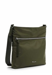 Olive green nylon crossbody bag with a silver zipper, front zip pocket, and adjustable strap; features a logo accent near the base.