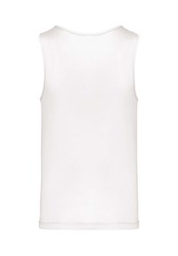 Ärmelloses weißes Tanktop mit rundem Ausschnitt, von hinten betrachtet, zeigt glattes Material und einfache Nähte.