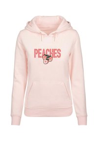 Rózsaszín kapucnis pulóver kenguruzsebbbel, "PEACHES" felirattal és őszibarack grafikával. Puha anyagból készült, kapucniján zsinórokkal.