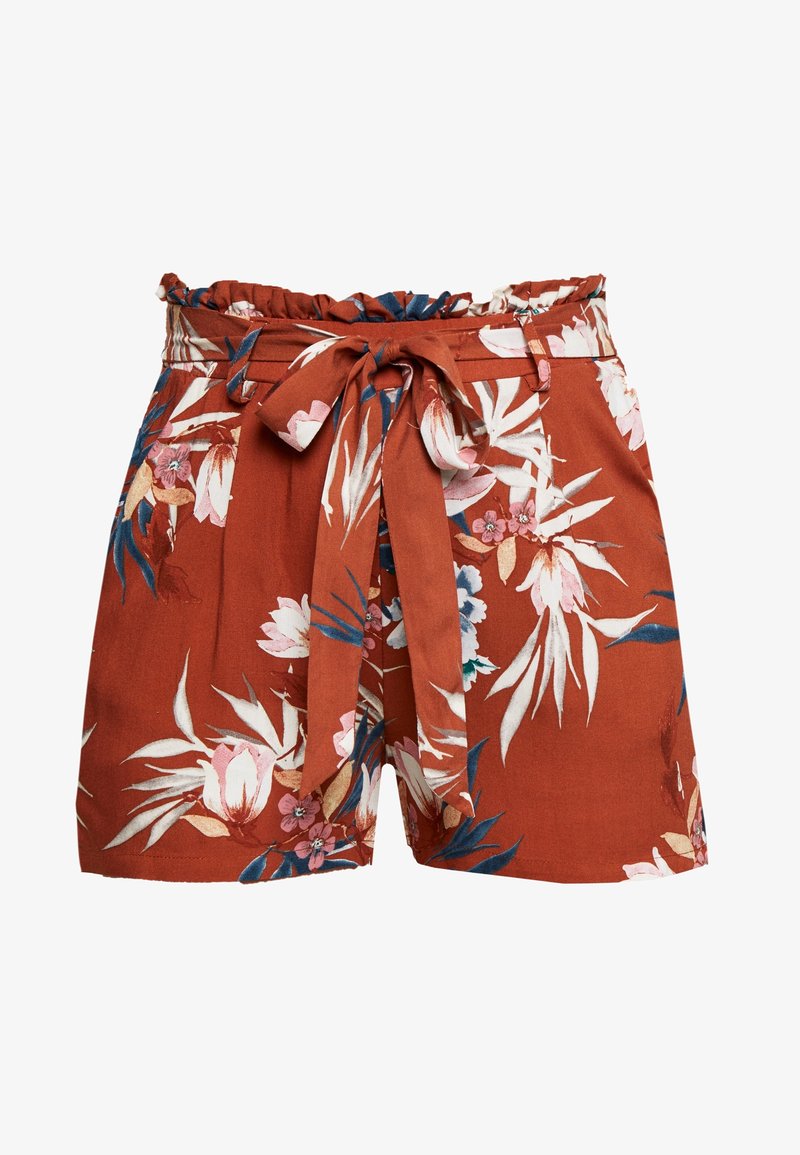 Kovově červené šortky s vysokým pasem, květinovým vzorem, páskem s papírovým efektem, předním zavazováním a skládanými detaily látky.