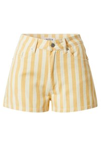 Short en coton à rayures verticales jaunes et blanches, taille haute, avec bouton à l'avant, fermeture éclair, passants pour ceinture et poches avant.