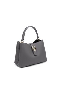 Borsa a tracolla in pelle grigia con una forma strutturata, manico superiore e dettaglio della chiusura in tono dorato. Superficie testurizzata con una finitura liscia.