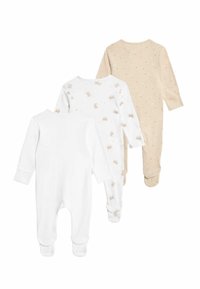 Ensemble de trois combinaisons pour bébé : blanche sans motif, blanche avec des imprimés de lapins, et beige avec de petits pois rouges. Matériau en coton doux, manches longues.