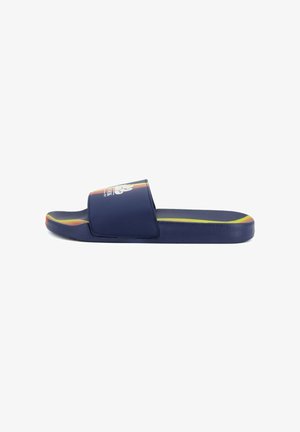 Sandalo ciabatta blu navy con strisce gialle e arancioni sui bordi della suola e logo bianco sulla fascia larga.