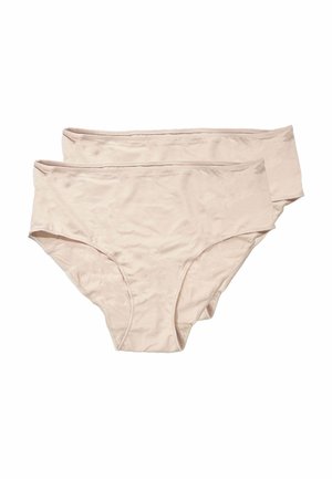 Due paia di slip da donna color nudo realizzati in tessuto liscio e elastico, con un design classico a vita alta senza motivi o decorazioni.