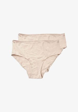Due paia di slip da donna color nudo realizzati in tessuto liscio e elastico, con un design classico a vita alta senza motivi o decorazioni.