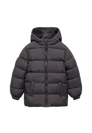 Giacca imbottita nera trapuntata con cappuccio, cerniera frontale, polsini elastici e due tasche laterali.