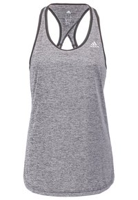 Débardeur femme Adidas gris chiné à dos nageur avec bordure noire et logo sur le côté gauche de la poitrine, présenté en vue de face sur fond blanc.