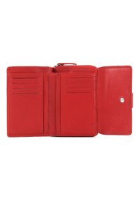 Portafoglio in pelle rossa con scomparto zip, numerosi slot per carte e chiusura a scatto. Texture morbida, finitura liscia, design compatto.