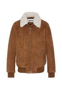 Giacca bomber in camoscio marrone con colletto in shearling bianco, chiusura frontale con zip e due tasche frontali con zip; polsini e orlo a costine.