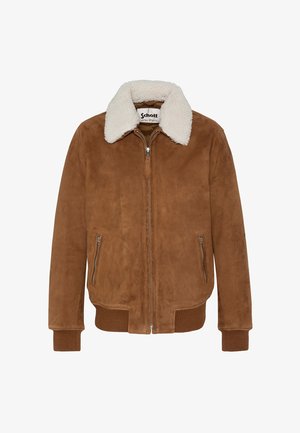 Bruine suède bomberjack met een witte schapenvachtkraag, ritssluiting aan de voorkant en twee ritssluitingen aan de voorkant; geribbelde manchetten en tailleband.