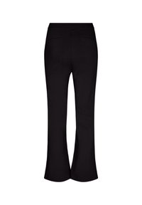 Mustat levenevät housut sileällä pinnalla, joissa on kaksi takataskua ja istuva vyötärö, suunniteltu korostamaan muotoa.