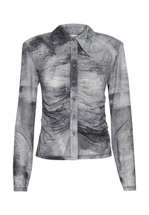 Long-sleeve button-up shirt in sheer gray fabric with a textured, abstract pattern and gathered detailing along the front and sides.