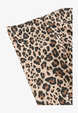 Leopardenmusterstoff mit beigem Hintergrund, der schwarze und braune Flecken aufweist. Glatte Textur mit sichtbaren Nähdetails.