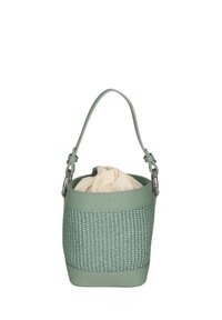 Borsa a secchiello intrecciata verde con base solida, tracolla regolabile e foderatura in tessuto con coulisse di colore crema.