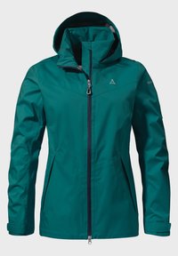 Teal wasserfeste Jacke mit tailliertem Design, verstellbarem Kapuzen, Frontreißverschluss und dezentem Branding am Ärmel. Glatte Textur und eleganter Schnitt.