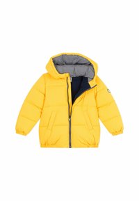 Giacca imbottita gialla con cappuccio, con zip frontale, due tasche laterali e fodera a righe blu. Polsini e orlo elasticizzati.
