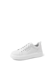 Sneaker bianco con tomaia in materiale simile alla pelle, punta rotonda, design con lacci piatti, colletto imbottito e suola in gomma bianca spessa. Nome del marchio stampato sul lato.