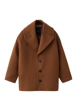 Cappotto di lana marrone con ampio risvolto, maniche lunghe e cinque bottoni frontali. Presenta un design pulito e squadrato con tessuto testurizzato.