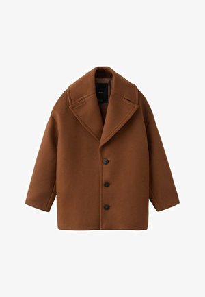 Abrigo de lana marrón con gran solapa, mangas largas y cinco botones frontales. Presenta un diseño limpio y cuadrado con tejido texturizado.