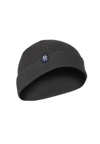 Gray ribbed knit beanie with a folded cuff and a small navy blue logo patch. Made from soft, stretchy material for comfort.
