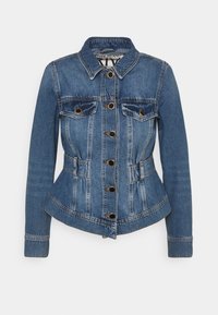 Jeansjacka med figursydd design, mörkblå färg, två bröstfickor, guldfärgade knappar och midjebälte för extra form.